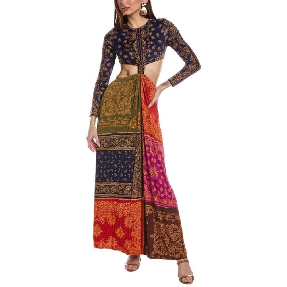 New Farm Rio Bandana Print Maxi Long Dress Colorful Paisley Boho Long Sleeve Xl